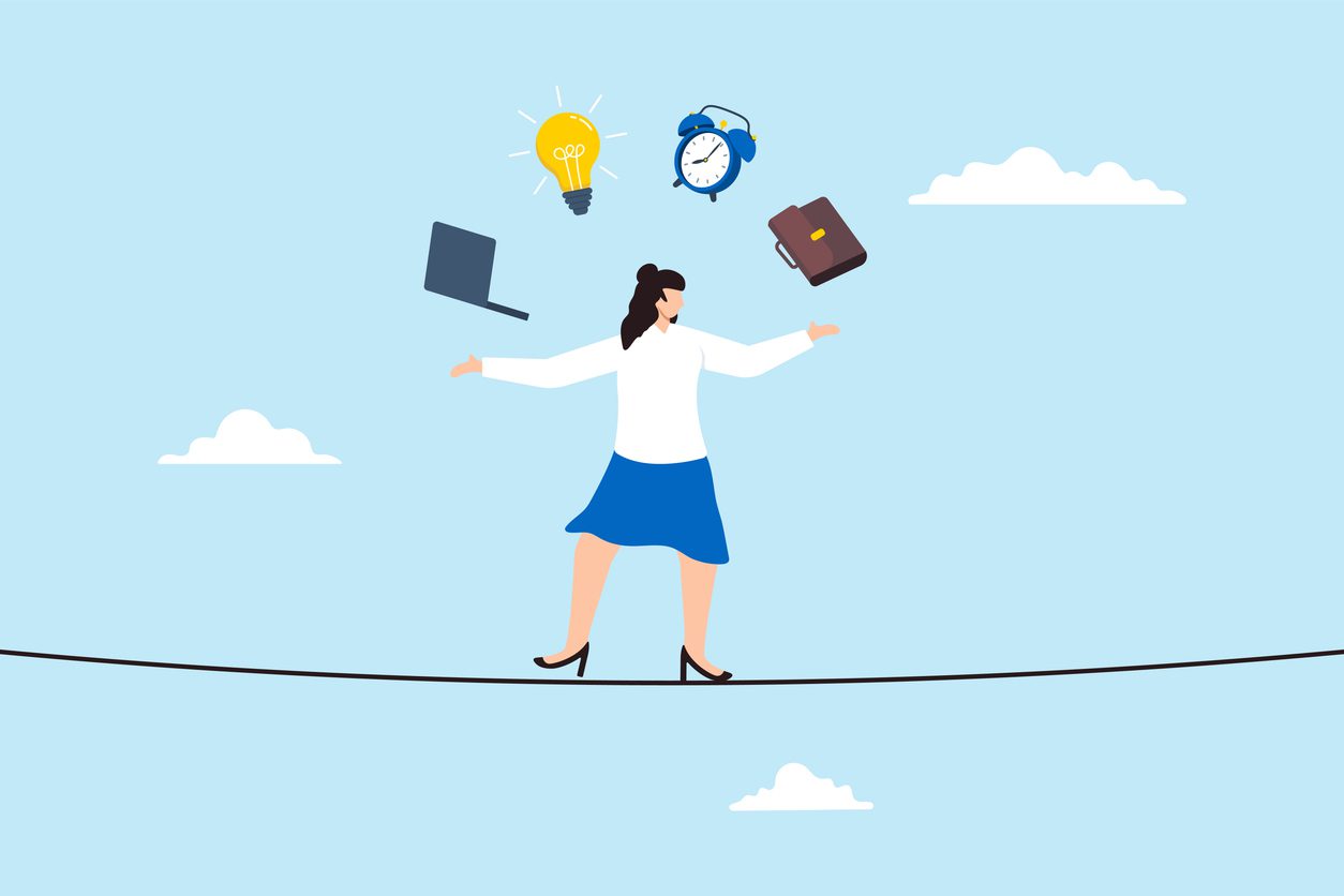 Businesswoman balancing on tightrope juggling laptop light bulb alarm clock and briefcase concept work-life balance multitasking
